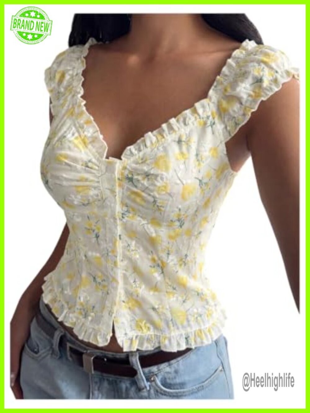 Floral Crop Blouse Button Up Cap Sleeve Sweetheart Neck Women's Top